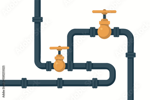 Flat vector underground water pipe system with valves and connection points, isolated on white