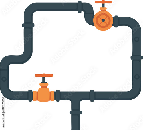 Flat vector underground water pipe system with valves and connection points, isolated on white