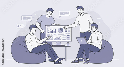 Professional analysts discussing financial statistics and marketing strategy in a modern office. Teamwork and data visualization vector illustration.