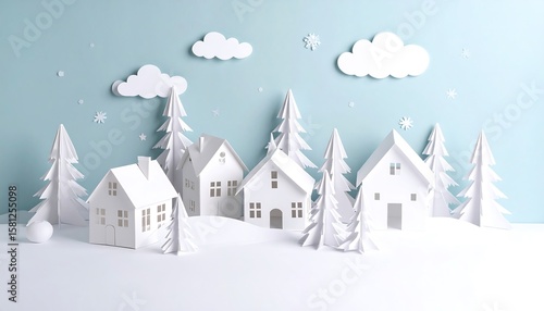Winter village scene, paper cutouts