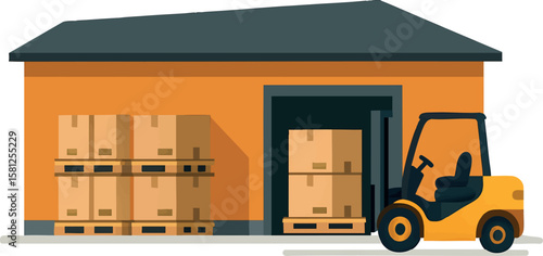 Flat vector warehouse with forklift loading pallets near dock door, isolated on white