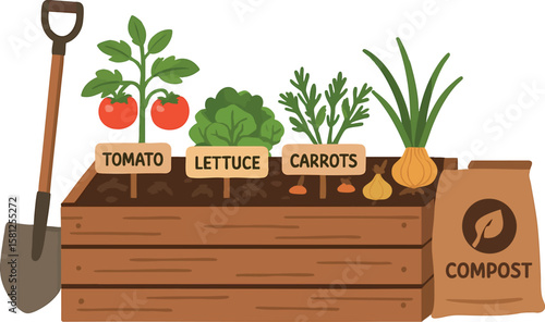Flat vector veggie garden raised bed with labels, shovel and compost bag, homegrown lifestyle, isolated on white
