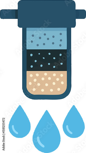 Flat vector water purification filter with visible layers and clean drops, isolated on white
