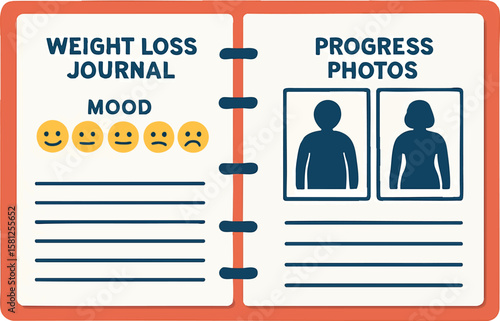 Flat vector weight loss journal with pages for mood, meals, and progress photos, isolated on white