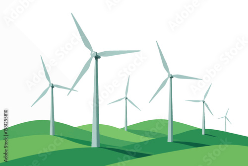 Flat vector wind farm landscape with multiple turbines in perspective, isolated on white