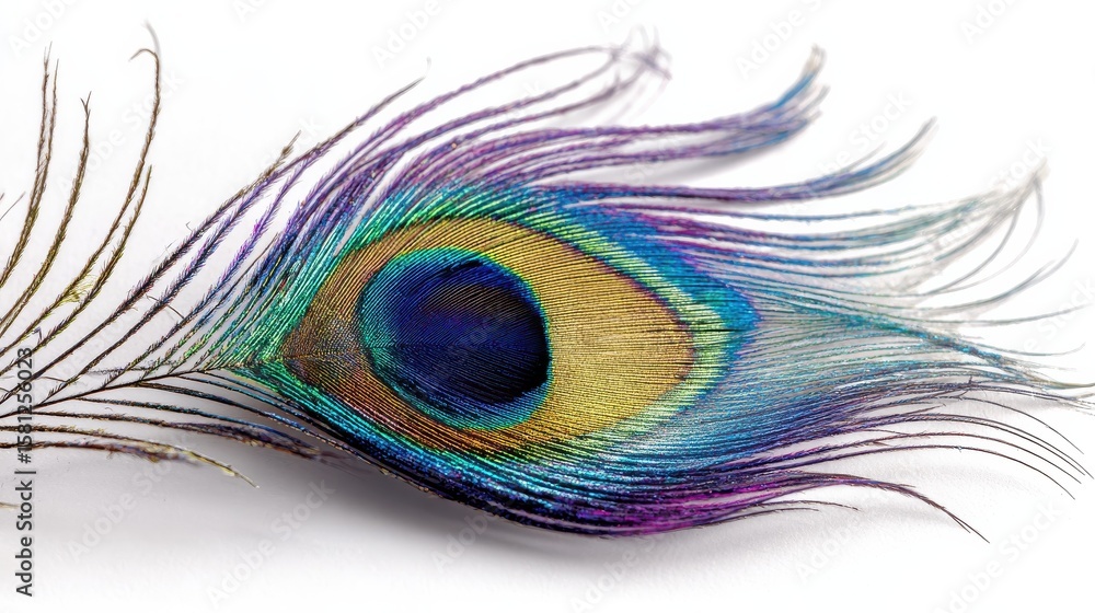 Fototapeta premium Vibrant Peacock Feather on Pristine White Background with Ample Copy Space