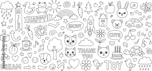 Cute hand drawn doodle elements and characters isolated on white background isolated on transparent background silhouette