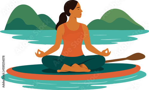 Flat vector woman doing yoga on paddleboard in lagoon, wellness travel, isolated on white