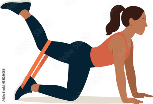Flat vector woman holding resistance band doing glute kickbacks, booty workout concept, isolated on white