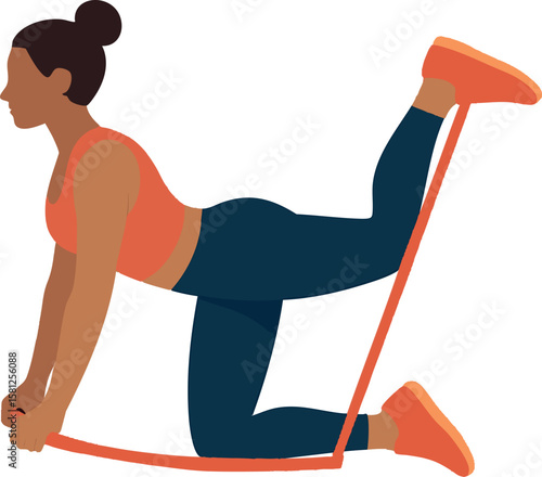 Flat vector woman holding resistance band doing glute kickbacks, booty workout concept, isolated on white