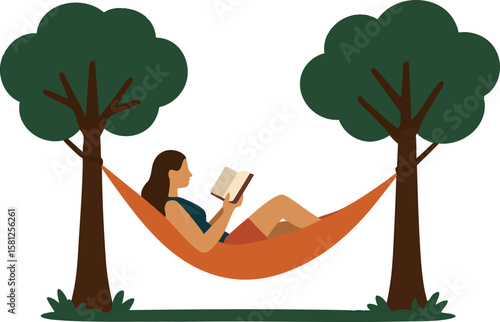 Flat vector woman reading book in hammock between two trees, tranquil vacation time, isolated on white
