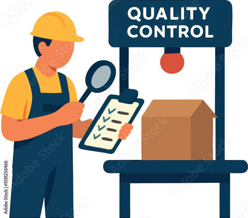Flat vector worker inspecting product under quality control station with checklist, isolated on white