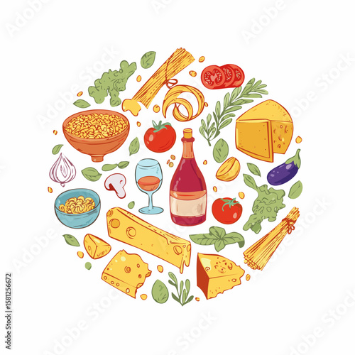 Trendy round doodle with classic Italian cuisine. Great for stickers, cards, cookbooks, home décor and restaurant illustrations