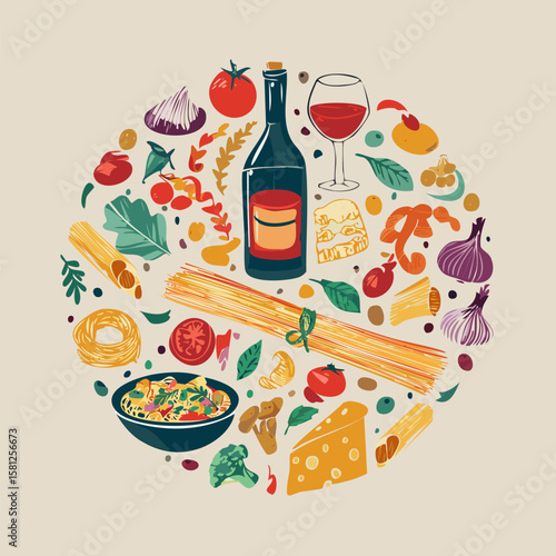 Trendy round doodle with classic Italian cuisine. Great for stickers, cards, cookbooks, home décor and restaurant illustrations