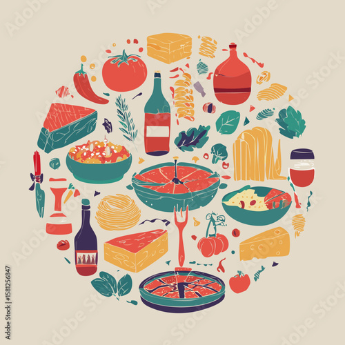 Trendy round doodle with classic Italian cuisine. Great for stickers, cards, cookbooks, home décor and restaurant illustrations