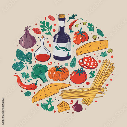 Trendy round doodle with classic Italian cuisine. Great for stickers, cards, cookbooks, home décor and restaurant illustrations