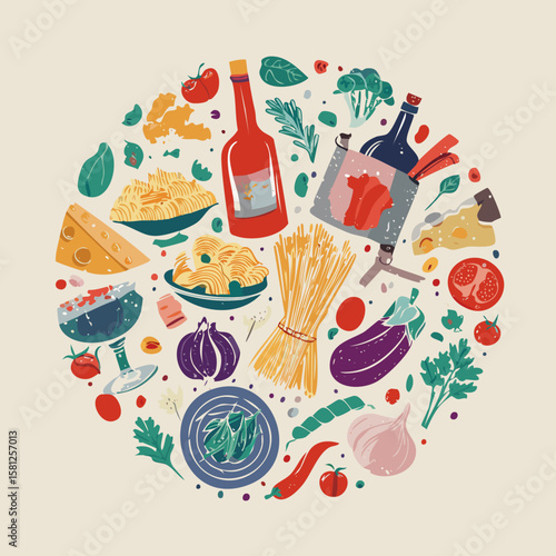 Trendy round doodle with classic Italian cuisine. Great for stickers, cards, cookbooks, home décor and restaurant illustrations