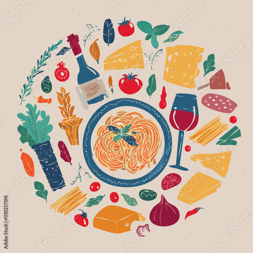 Trendy round doodle with classic Italian cuisine. Great for stickers, cards, cookbooks, home décor and restaurant illustrations