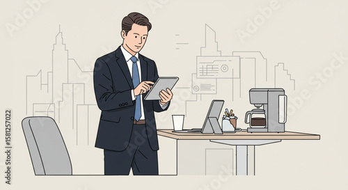 Professional businessman using a digital tablet in a modern office with a city skyline background. Corporate technology and workflow concept illustration.