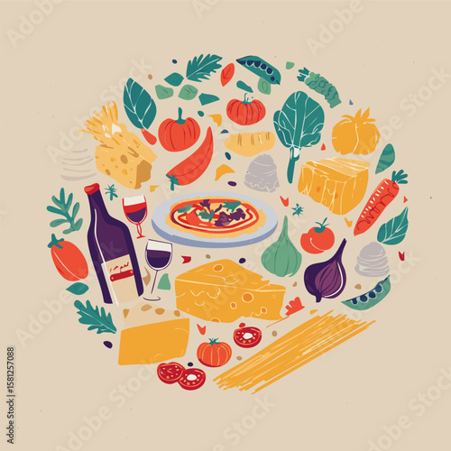 Trendy round doodle with classic Italian cuisine. Great for stickers, cards, cookbooks, home décor and restaurant illustrations