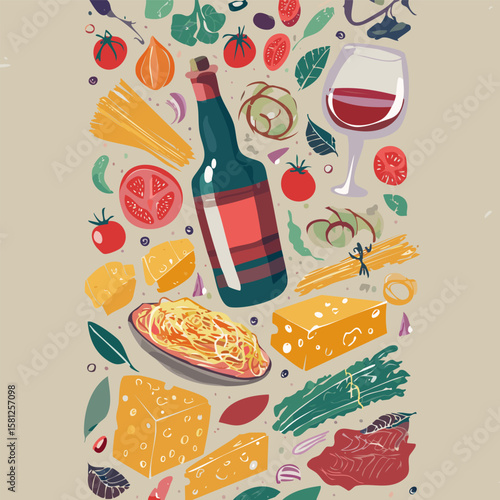Trendy round doodle with classic Italian cuisine. Great for stickers, cards, cookbooks, home décor and restaurant illustrations