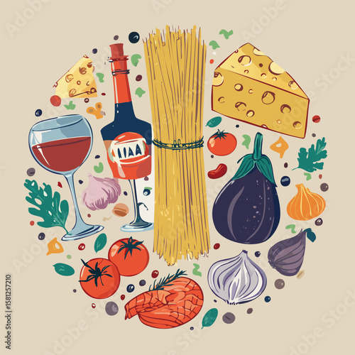 Trendy round doodle with classic Italian cuisine. Great for stickers, cards, cookbooks, home décor and restaurant illustrations