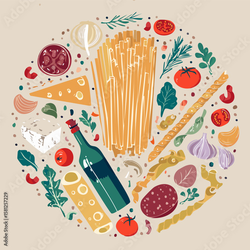 Trendy round doodle with classic Italian cuisine. Great for stickers, cards, cookbooks, home décor and restaurant illustrations