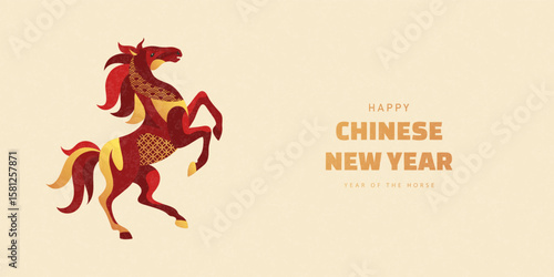 Stylized rearing horse with decorative traditional patterns, symbol of the Chinese New Year 2026. Modern artistic design of a zodiac animal for a holiday greeting card on a textured beige background