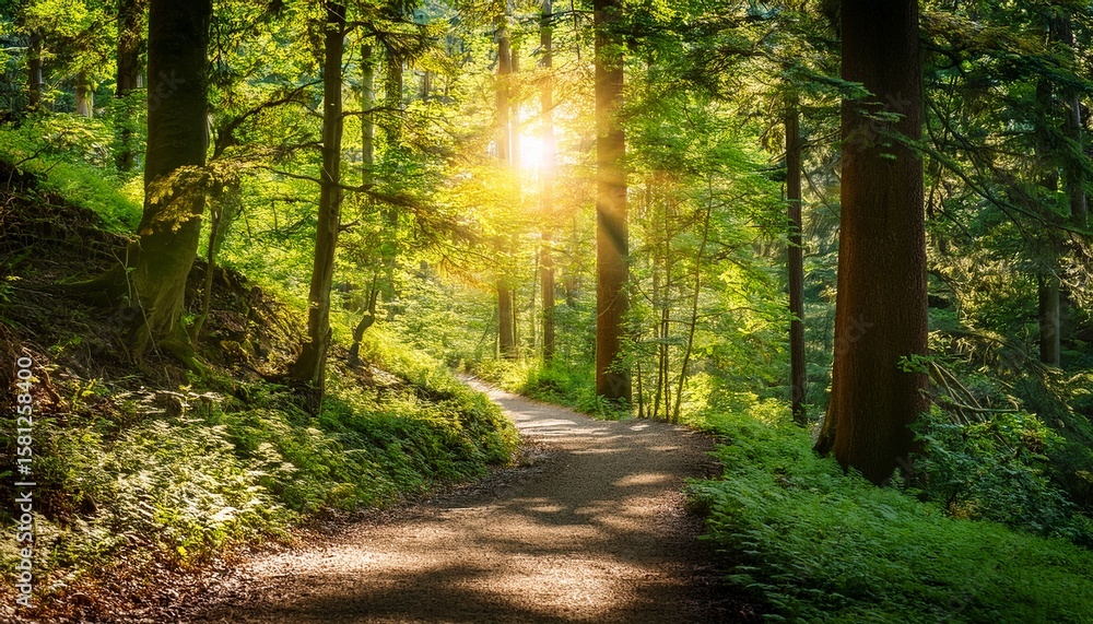 Fototapeta premium narrow path winding through lush summer forest illuminated by ultrabright sunlight filtering through leaves