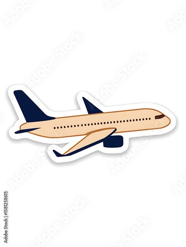 Stylized illustration of a passenger airplane, showcasing its design with a tan body, dark blue tail and wings, and small windows, isolated on white.