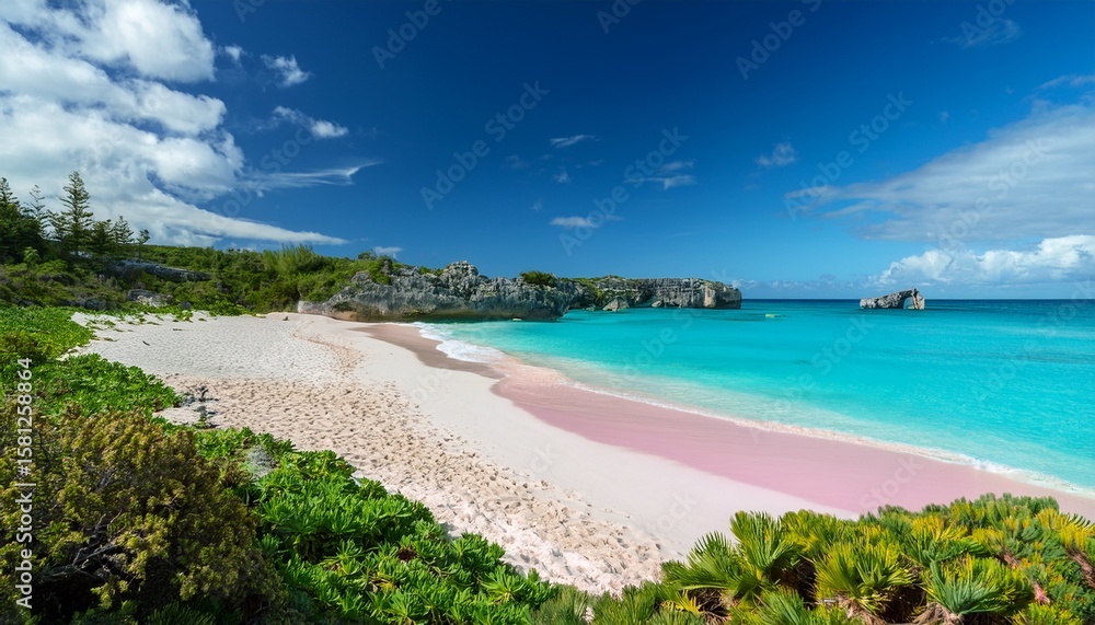 Naklejka premium serene beauty of horseshoe bay bermuda pink sand paradise on white sands beach with turquoise waters and lush vegetation