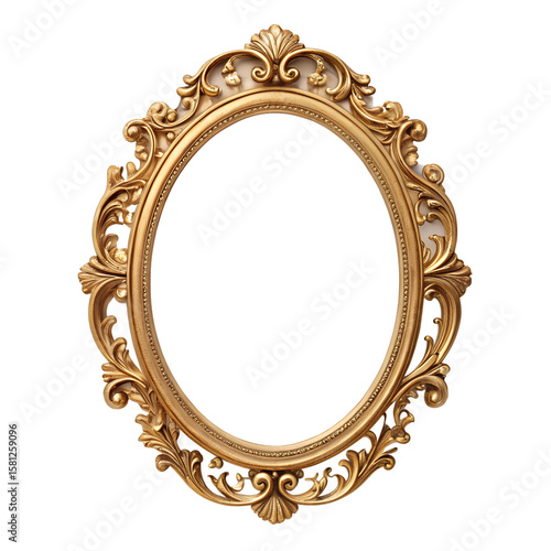 An ornate, antique gold oval picture frame with intricate carvings and embellishments isolated on transparent background