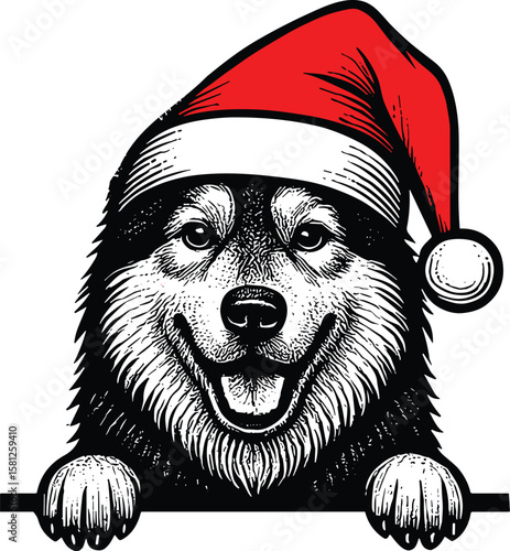 Alaskan malamute dog with christmas hat peeking vector black silhouette print design