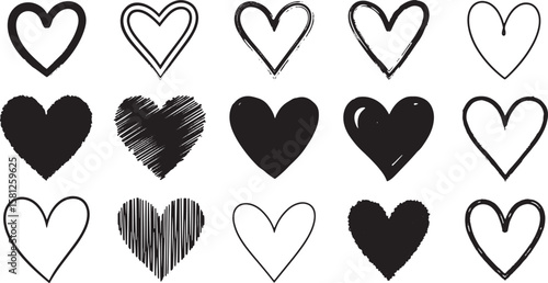 Collection of fifteen diverse hand drawn heart shapes isolated on white background isolated on transparent background silhouette
