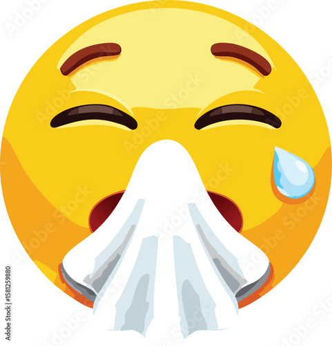 Sneezing Emoji Face Blowing Nose with Dramatic Expression Illustration
