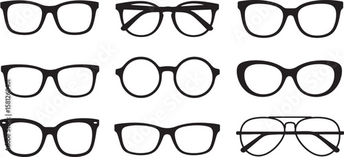 Collection of nine different eyeglasses silhouettes isolated on white background isolated on transparent background