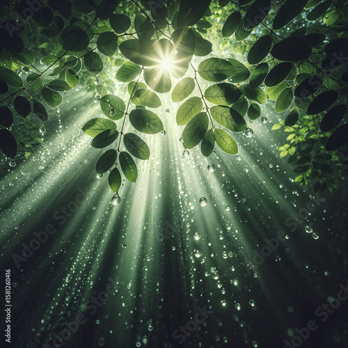 sunlight filtering through lush greenery, with water droplets suspended in the air, creating a vibrant and ethereal atmosphere.