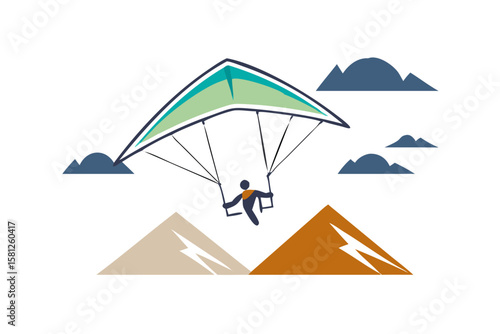 Person paragliding over mountains with clouds and lightning bolts