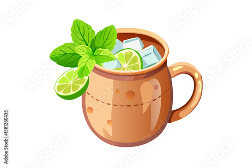 Refreshing moscow mule cocktail in a copper mug with lime and mint
