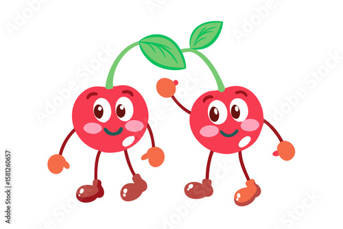 Two happy cartoon cherries dancing together with leaves
