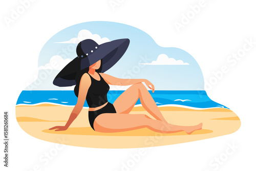 Woman in black swimsuit and wide brim hat relaxing on beach