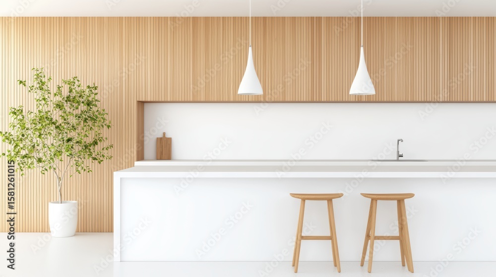 Fototapeta premium Beige and White Kitchen Spacious kitchen with beige and white color palette, sleek cabinetry, and a large island for dining, creating a warm and inviting setting.