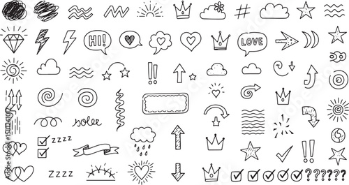 Collection of hand drawn doodle icons and symbols isolated on white background isolated on transparent background silhouette