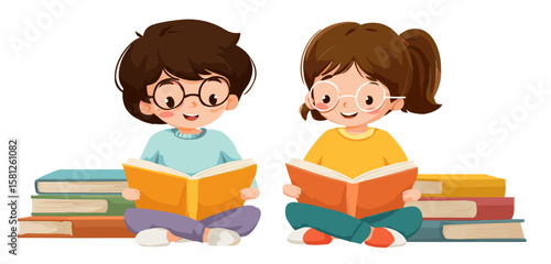 vector girl and boy sitting reading books on white background .Generative AI