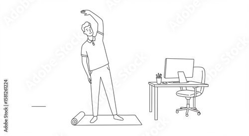Line art illustration of a man doing a side stretch on a mat in a home office. Concept of workplace wellness and exercise breaks.