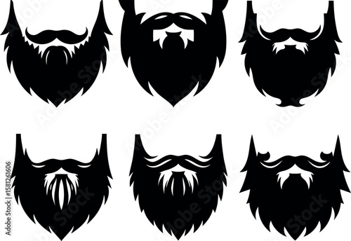 Collection of six diverse black silhouette beard styles and mustache combinations isolated on white background