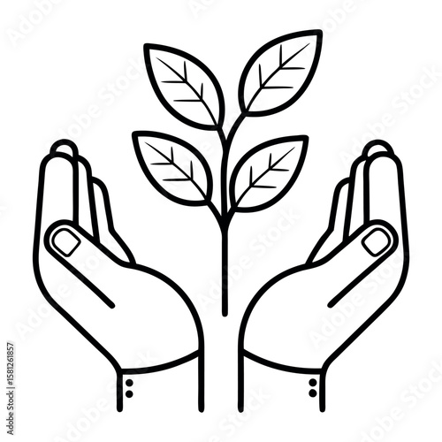 Two Hands Carefully Lifting a Small Sprouting Plant – Charity, Growth, and Environmental Care Concept in Minimalist Vector Design