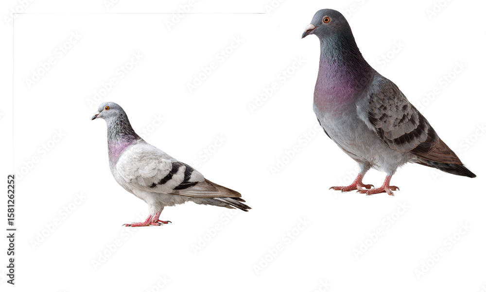 Closeup of two adult male and female pigeons with gray, white, and iridescent feathers on black background isolated transparent png Closeup of two adult male and female pigeons with gray, white, and iridescent feathers on black background isolated transparent png