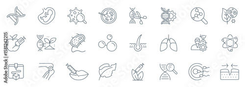 Bioengineering and Biotechnology Line Icon Set - Vector Illustrations of Genetics, Medical, Bioprinting, Research, and Science