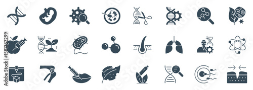 Biotechnology and Life Science Glyph Icon Set Vector - Solid Illustration for genetics, medical research, and bioengineering